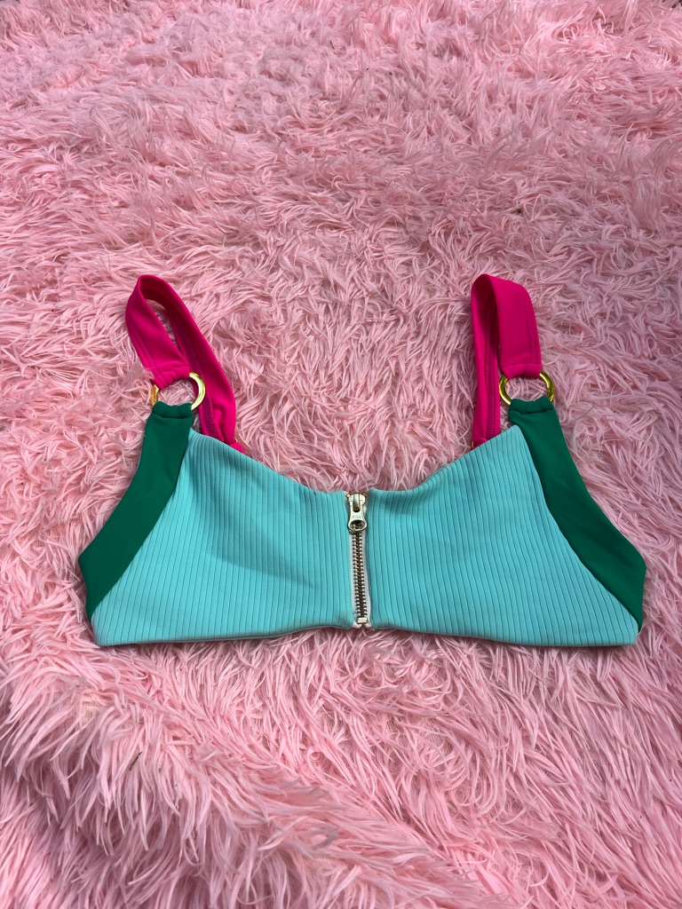 Colorblock Zip-Front Bikini Top In Mint, Green & Hot Pink
